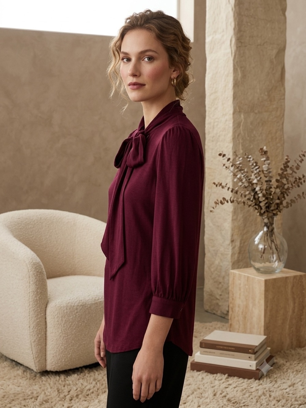 Lauren Ralph Lauren Side Tie Blouse Wine XS 3/4 Sleeve NWOT